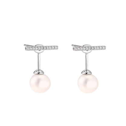 Rhodium-plated sterling silver ear jacket earrings with diamond-set horizontal bar and freshwater pearl drop