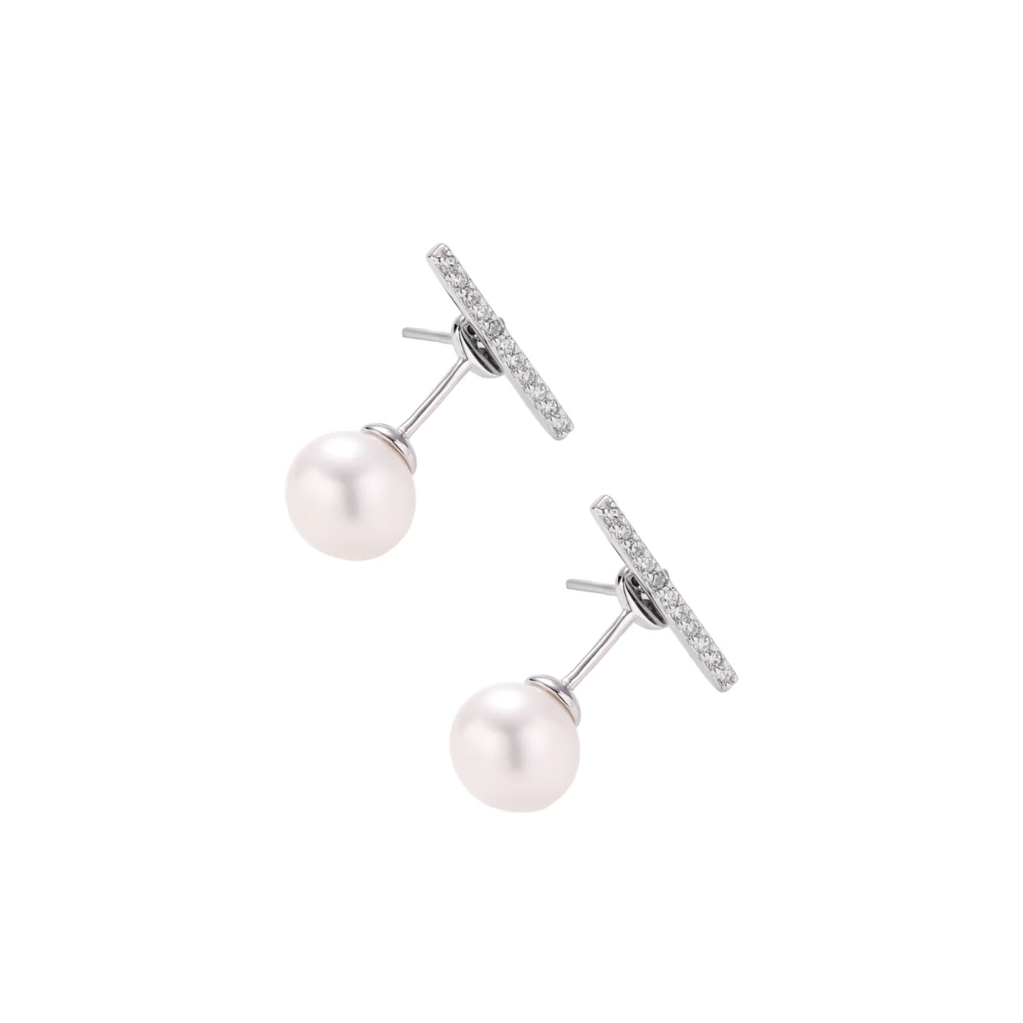 Rhodium-plated sterling silver ear jacket earrings with diamond-set horizontal bar and freshwater pearl drop