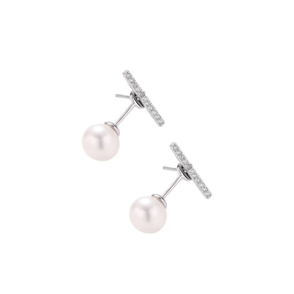 Rhodium-plated sterling silver ear jacket earrings with diamond-set horizontal bar and freshwater pearl drop