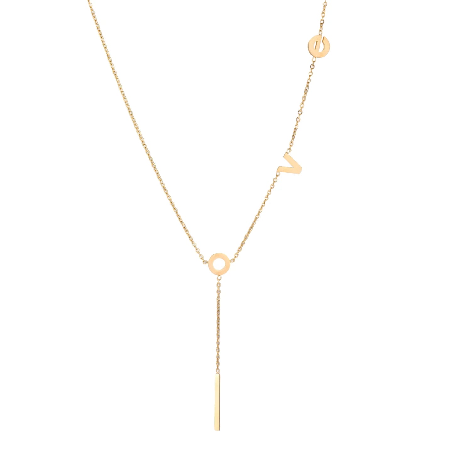 Gold Y-shaped necklace with L-O-V-E letter charms and vertical bar pendant on delicate chain against cream background