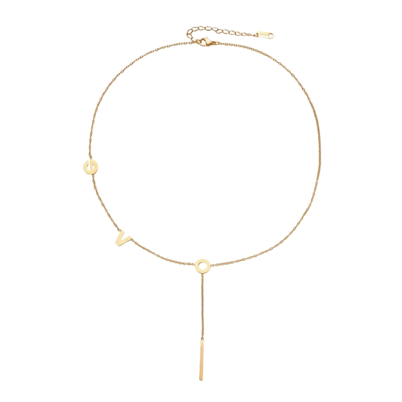 Gold Y-shaped necklace with L-O-V-E letter charms and vertical bar pendant on delicate chain against cream background