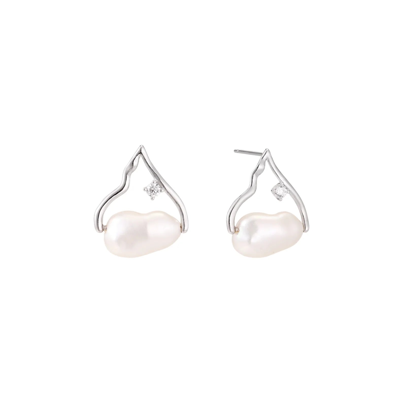 Silver mountain outline studs with baroque pearl and diamond accent on white background