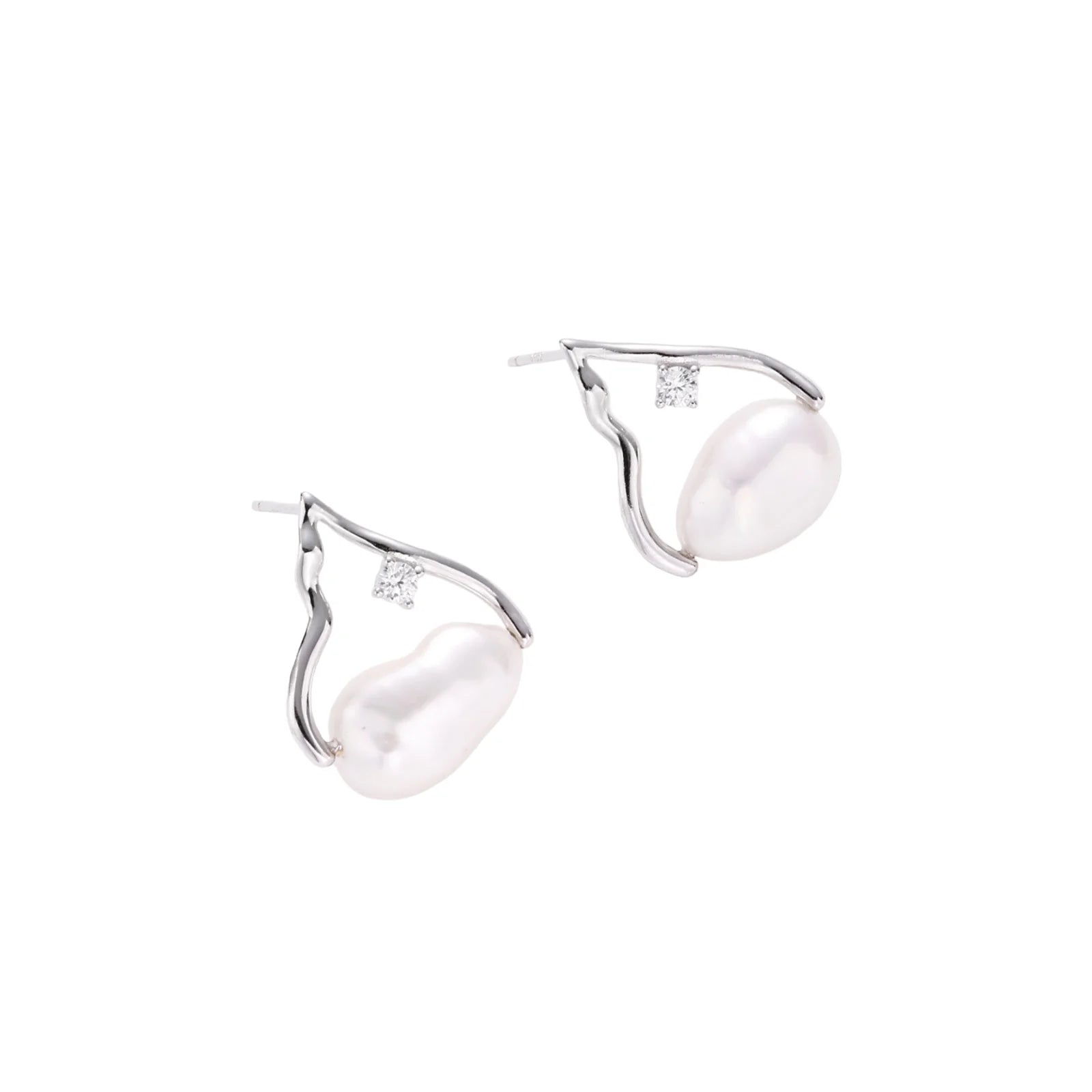 Silver mountain outline studs with baroque pearl and diamond accent on white background