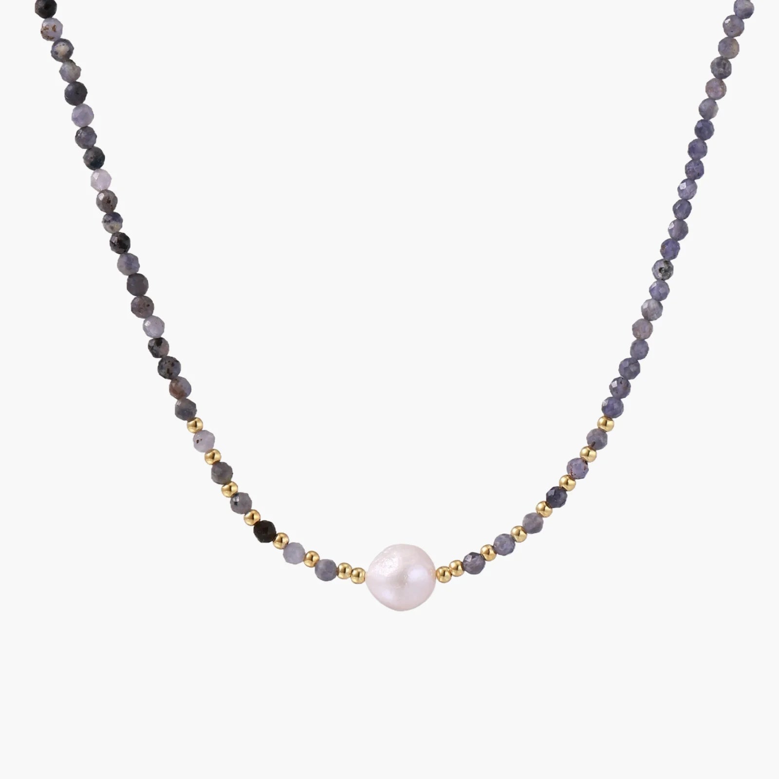 Dainty necklace with faceted purple iolite beads, gold vermeil accents, and central pink-white freshwater pearl.