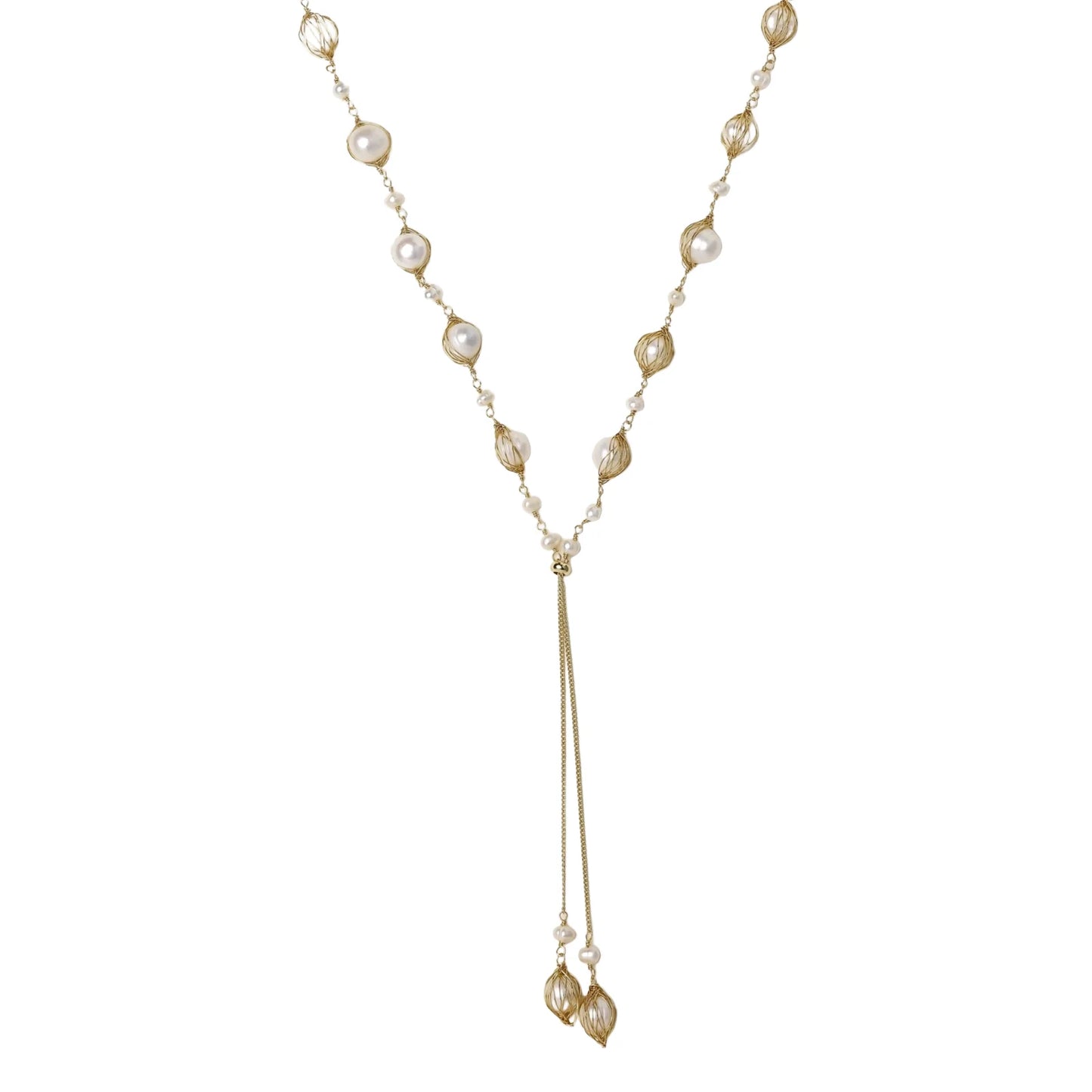 Adjustable gold lariat necklace with freshwater pearls nested in delicate cage settings and Y-shaped tassel drop