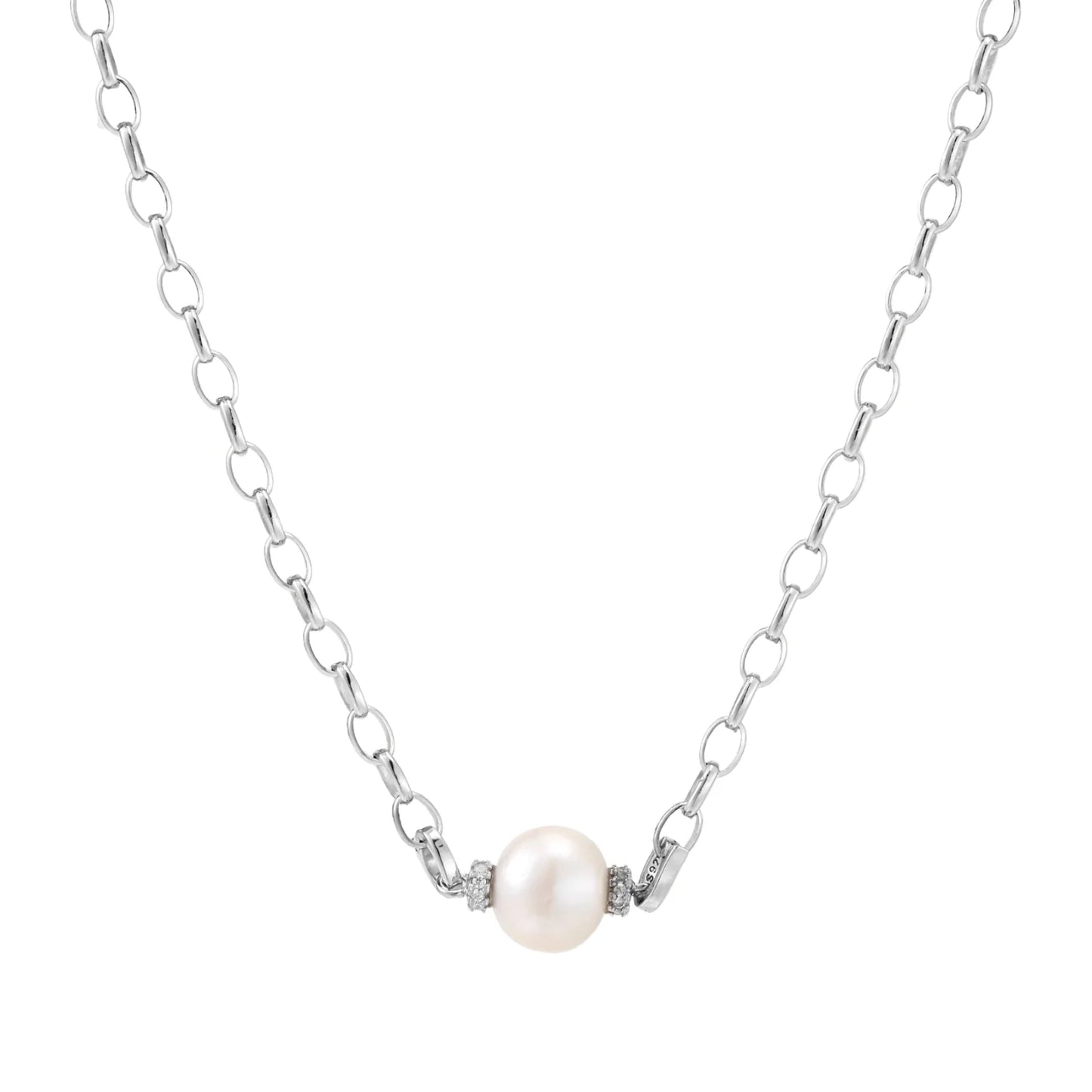 Dainty rhodium-plated silver chain necklace with centered 10mm freshwater pearl and crystal accents on cream background