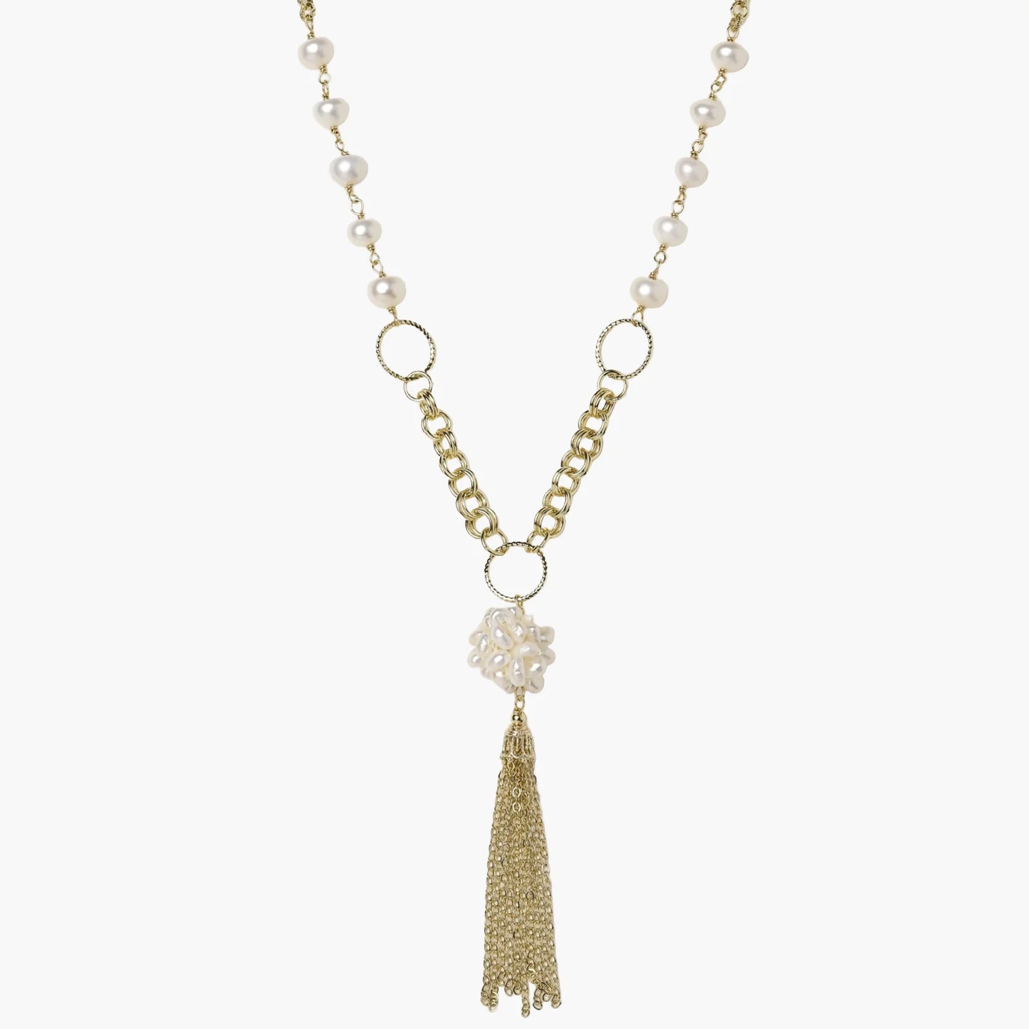 Long gold-plated necklace with freshwater pearls, chunky chain links, and flowing tassel pendant