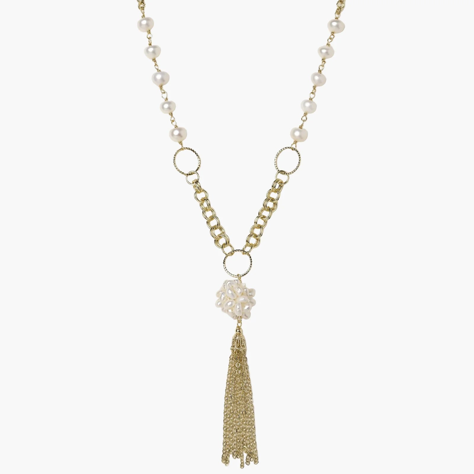 Long gold-plated necklace with freshwater pearls, chunky chain links, and flowing tassel pendant