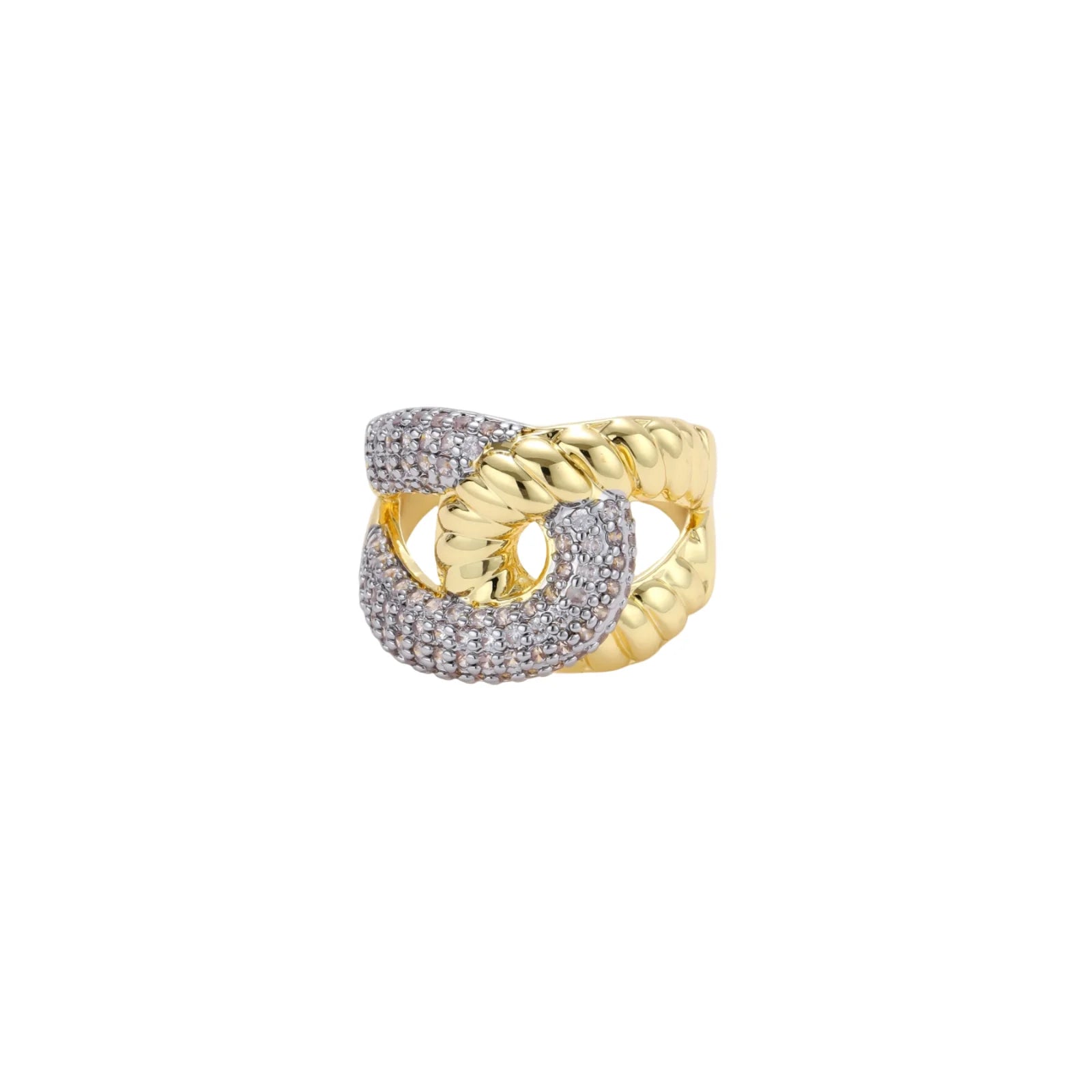 Chunky gold-plated chain-link ring with curved segments and sparkling zirconia crystals on neutral background