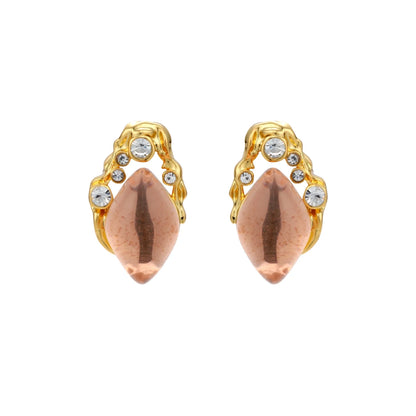 Gold-plated baroque stud earrings with coral-pink liuli stones and cubic zirconia crystals on white background.