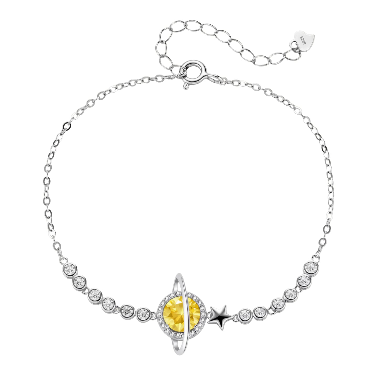 Sterling silver bracelet with yellow moissanite centerpiece in oval setting, crystal chain, and star charm on white background.