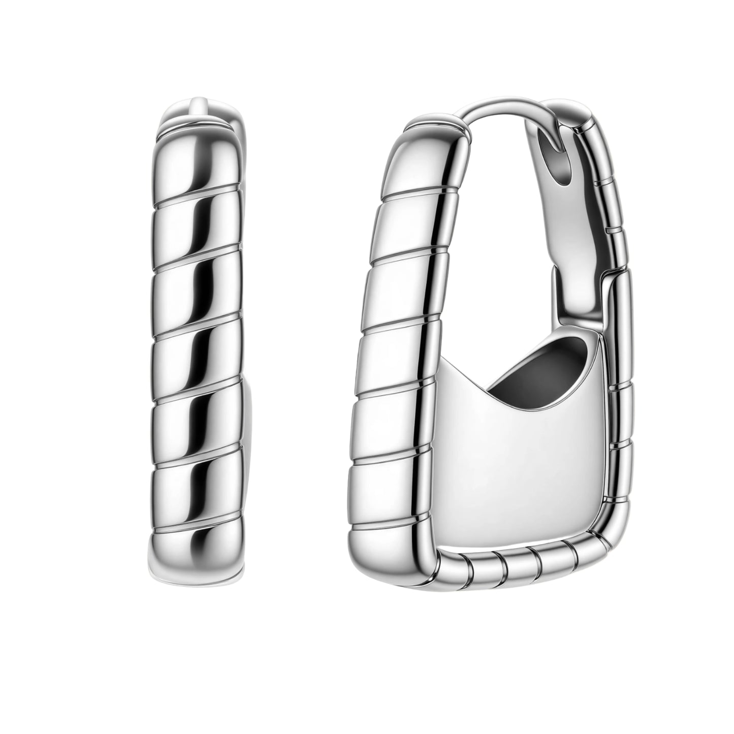 Close-up of platinum-plated sterling silver hoop earrings with horizontal textured grooves on white background.