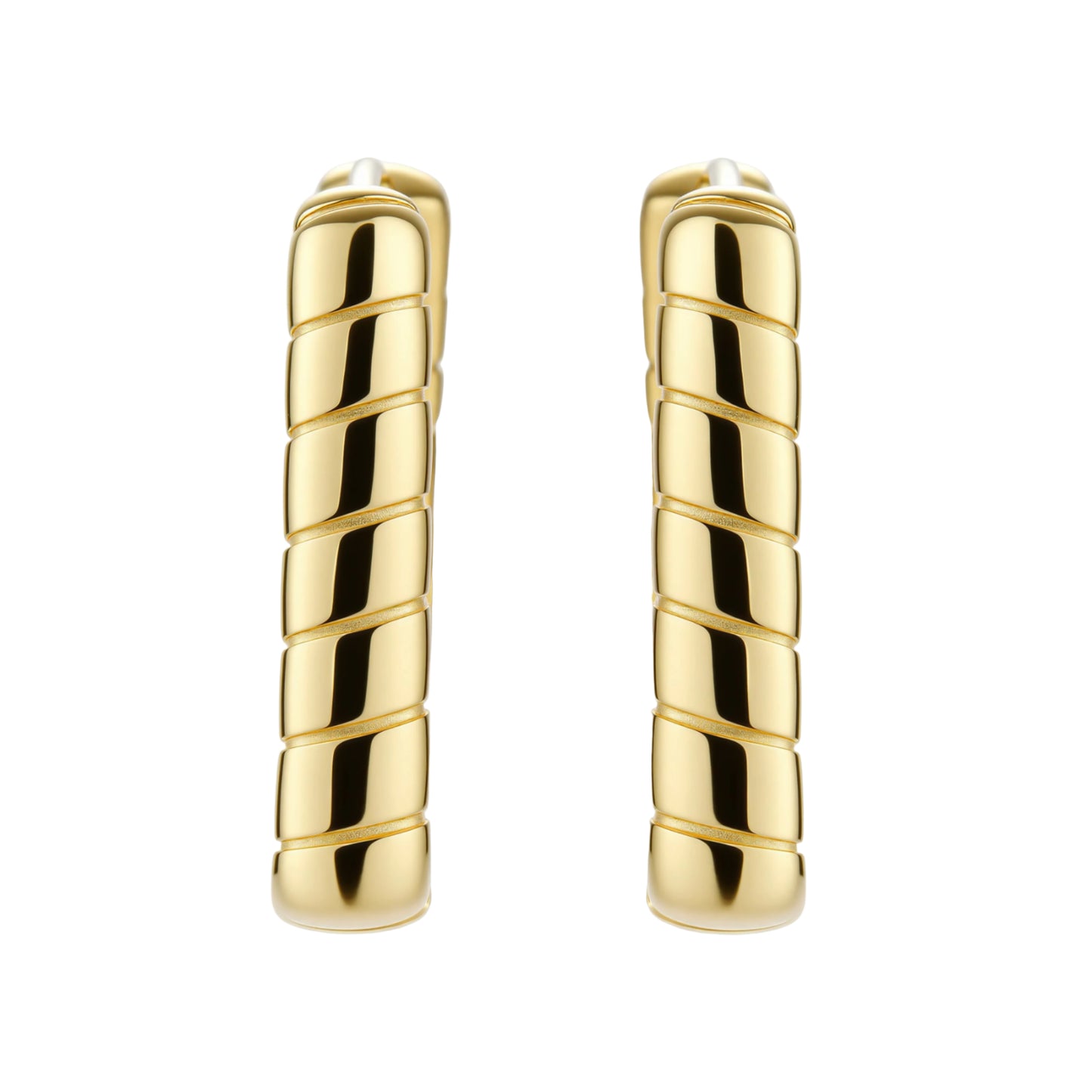 Chunky segmented gold-plated huggie hoop earrings with bamboo-inspired geometric design on white background.