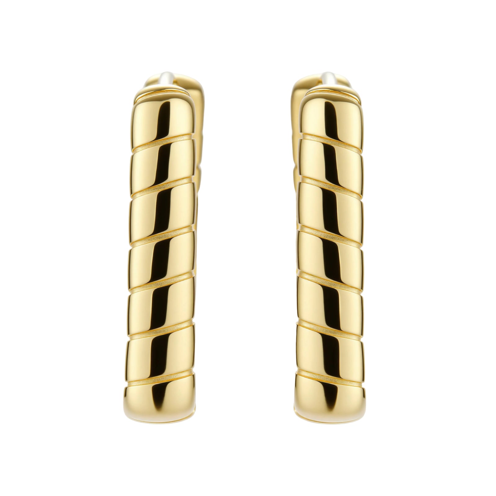 Chunky segmented gold-plated huggie hoop earrings with bamboo-inspired geometric design on white background.