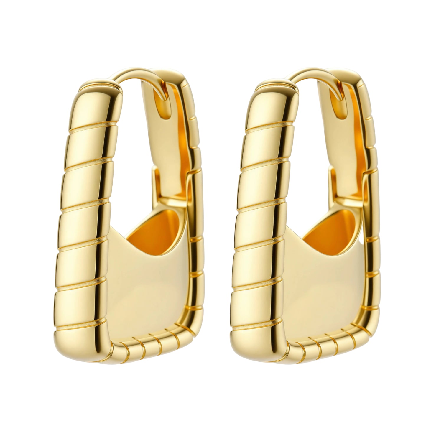 Chunky segmented gold-plated huggie hoop earrings with bamboo-inspired geometric design on white background.
