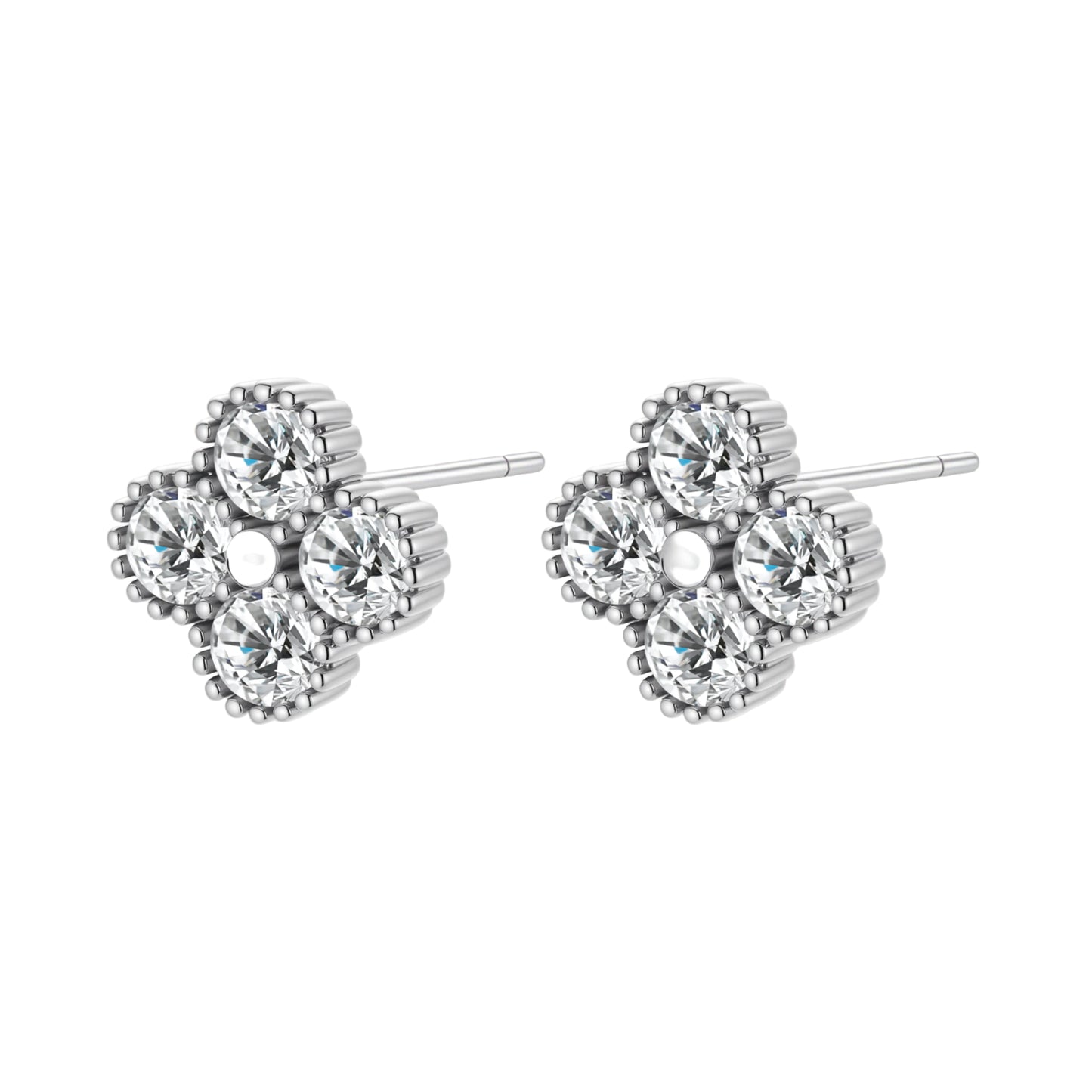 Dainty sterling silver quatrefoil stud earrings with four brilliant moissanite stones and center accent on white background.