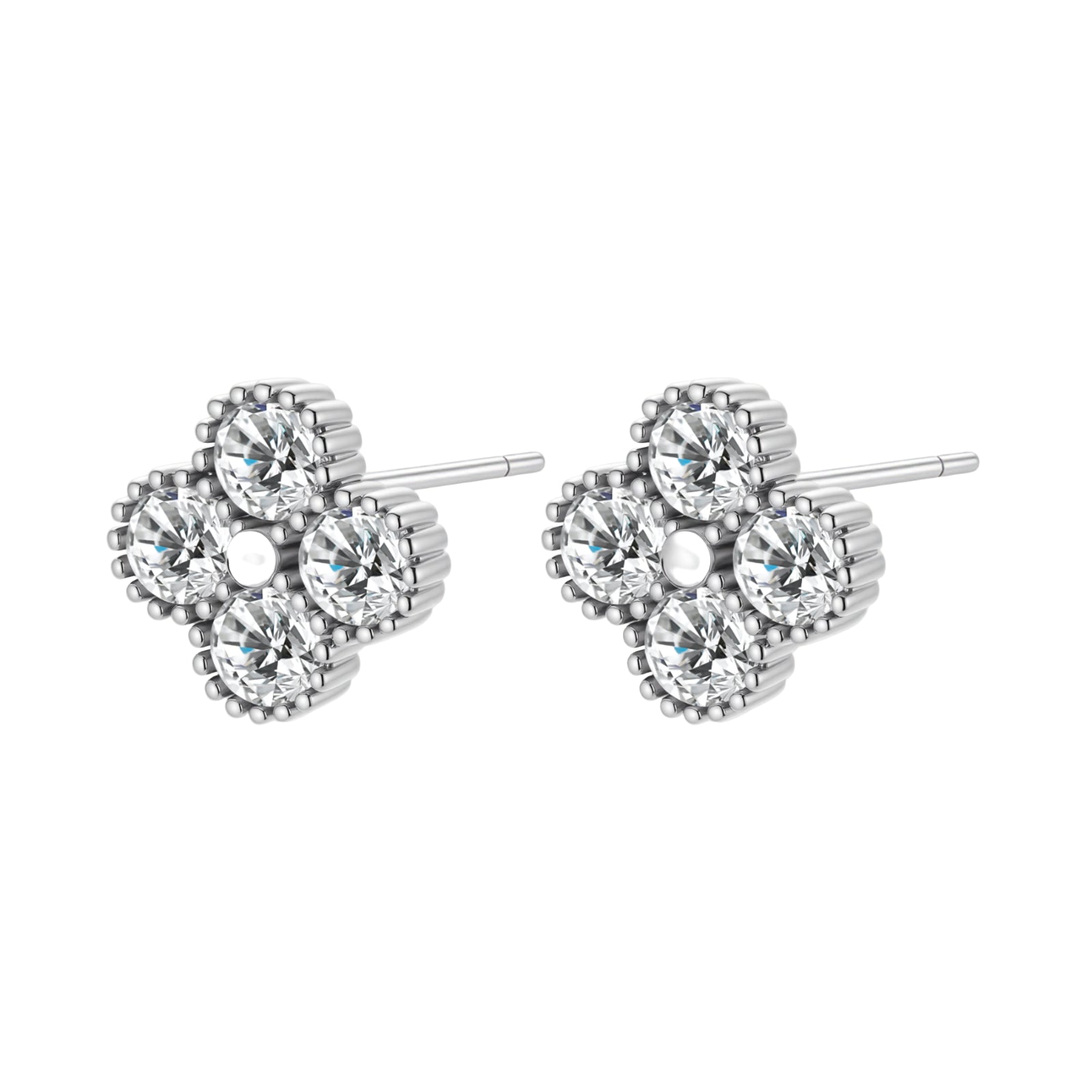 Dainty sterling silver quatrefoil stud earrings with four brilliant moissanite stones and center accent on white background.