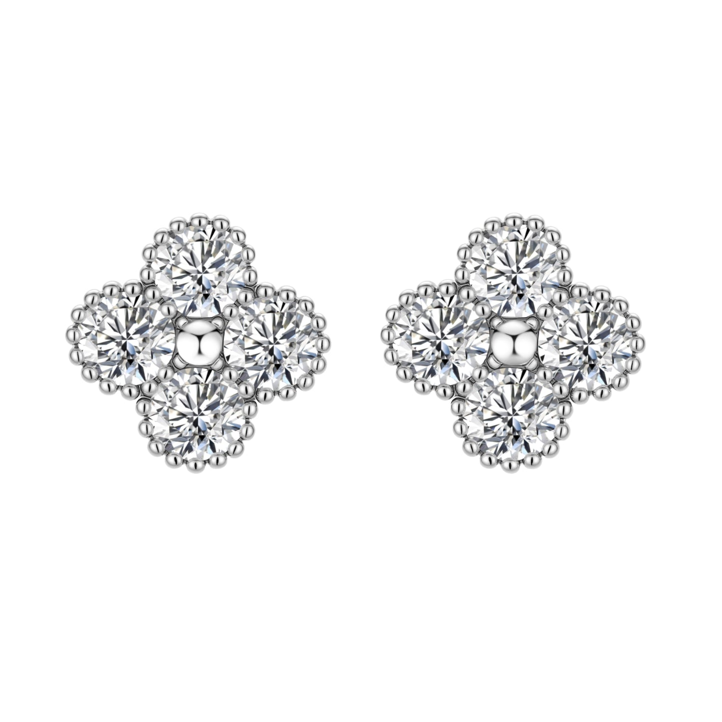Dainty sterling silver quatrefoil stud earrings with four brilliant moissanite stones and center accent on white background.