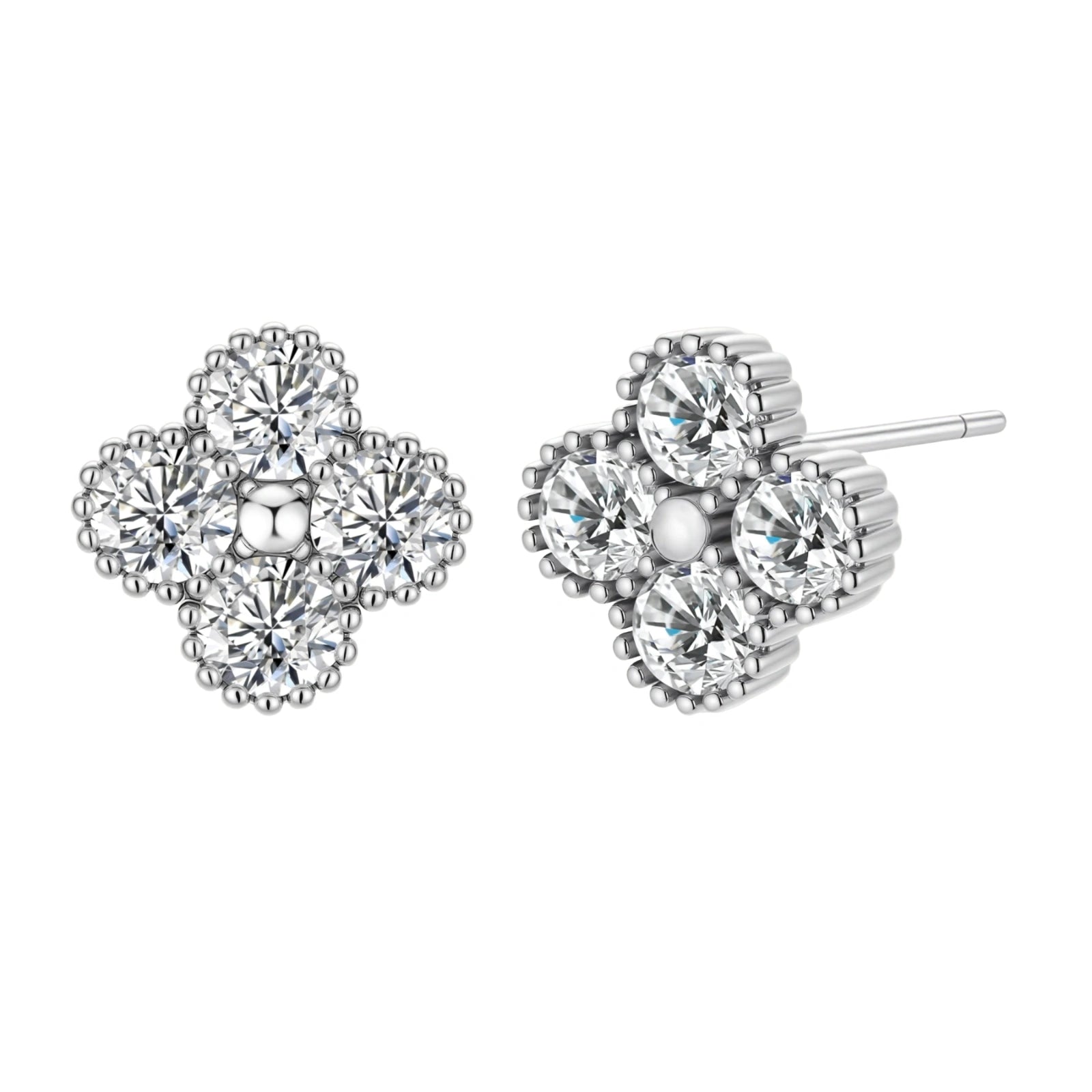 Dainty sterling silver quatrefoil stud earrings with four brilliant moissanite stones and center accent on white background.