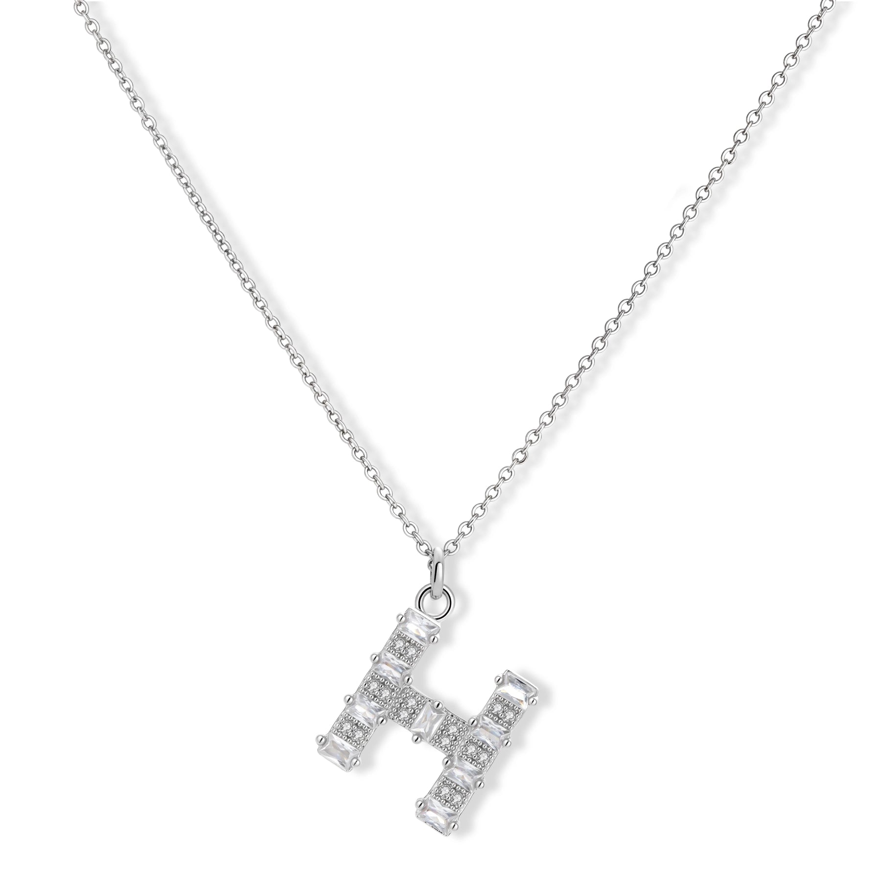 Letter H jewelry set featuring geometric crystal design in gold and white gold plated finish with adjustable chain necklace