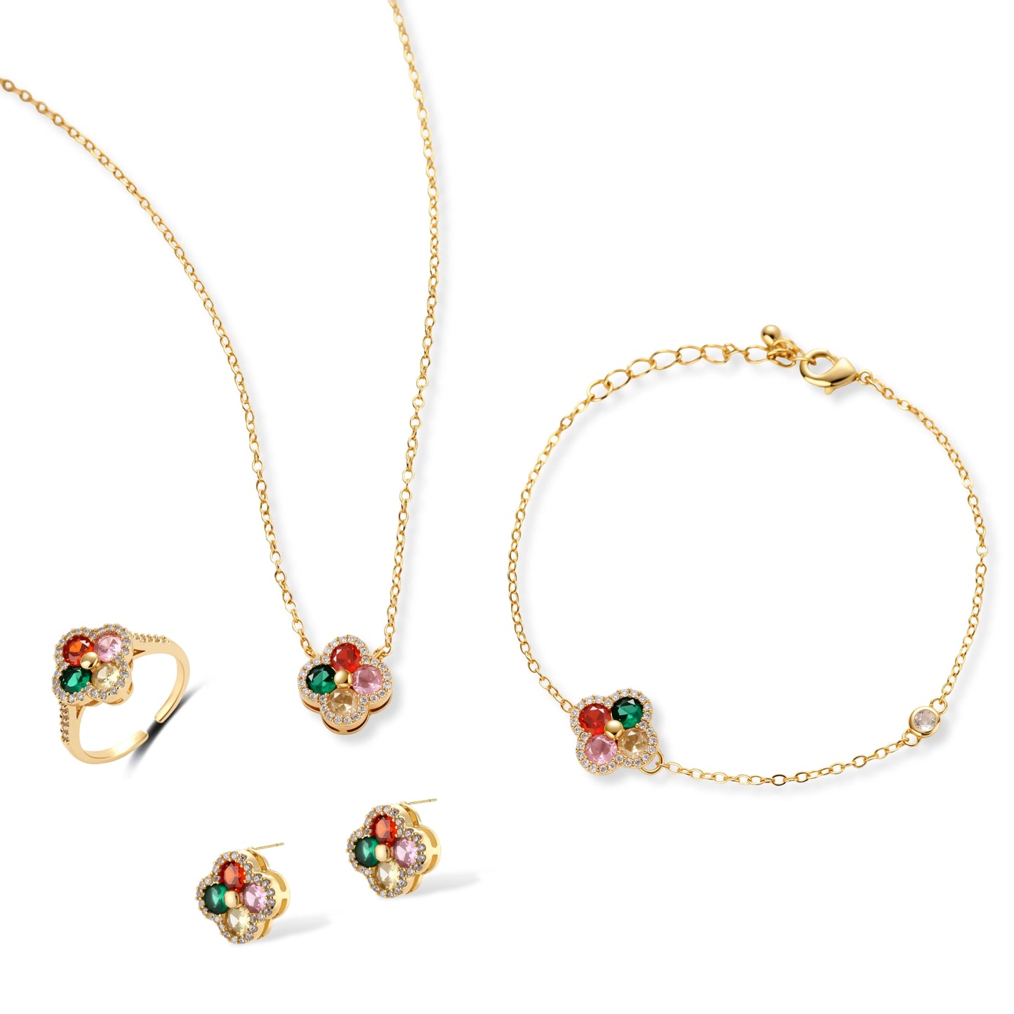 Gold-plated clover jewelry set with red, pink, green and champagne CZ stones surrounded by crystal borders