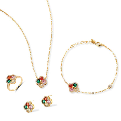 Gold-plated clover jewelry set with red, pink, green and champagne CZ stones surrounded by crystal borders
