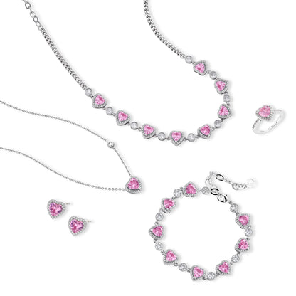 Pink heart-shaped cubic zirconia jewelry set with white gold plating featuring necklace, earrings, bracelet and ring