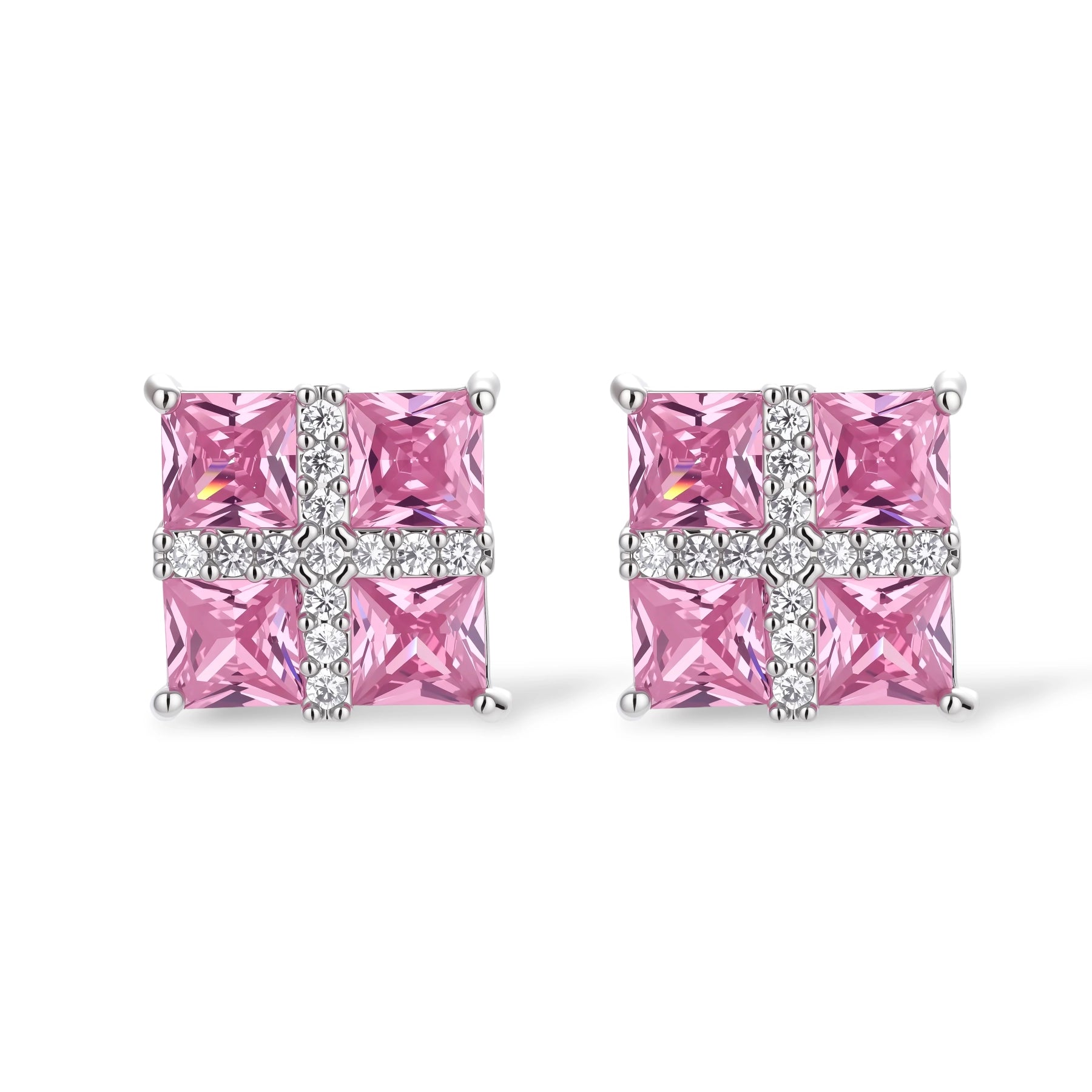 White gold plated jewelry set with pink cubic zirconia stones in geometric cross design, featuring Y-necklace and square stud earrings