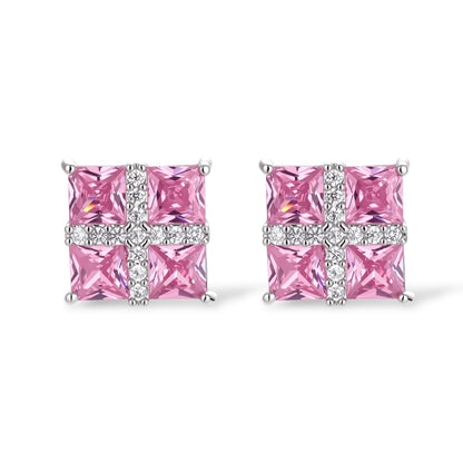 White gold plated jewelry set with pink cubic zirconia stones in geometric cross design, featuring Y-necklace and square stud earrings