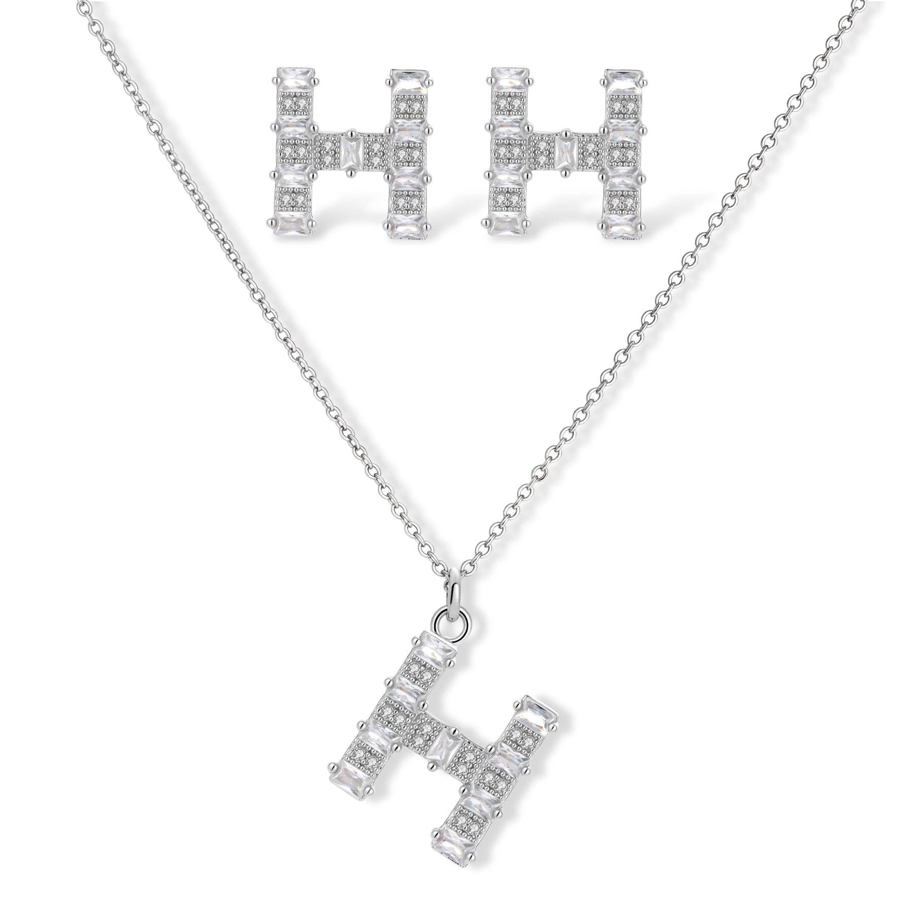 Letter H jewelry set featuring geometric crystal design in gold and white gold plated finish with adjustable chain necklace