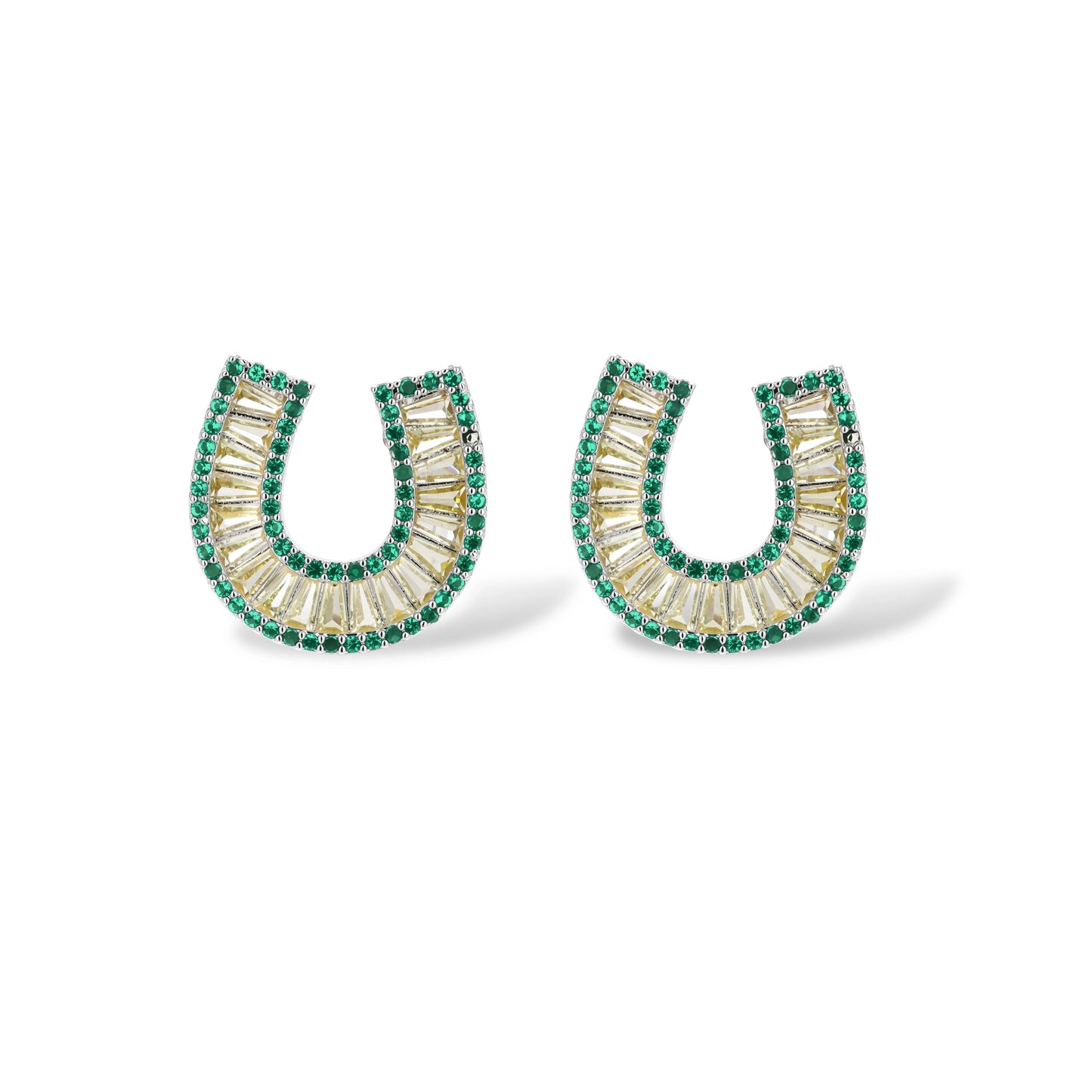 Sparkling horseshoe-shaped jewelry set with AAA cubic zirconia in gold-plated and white gold finishes on cream background.