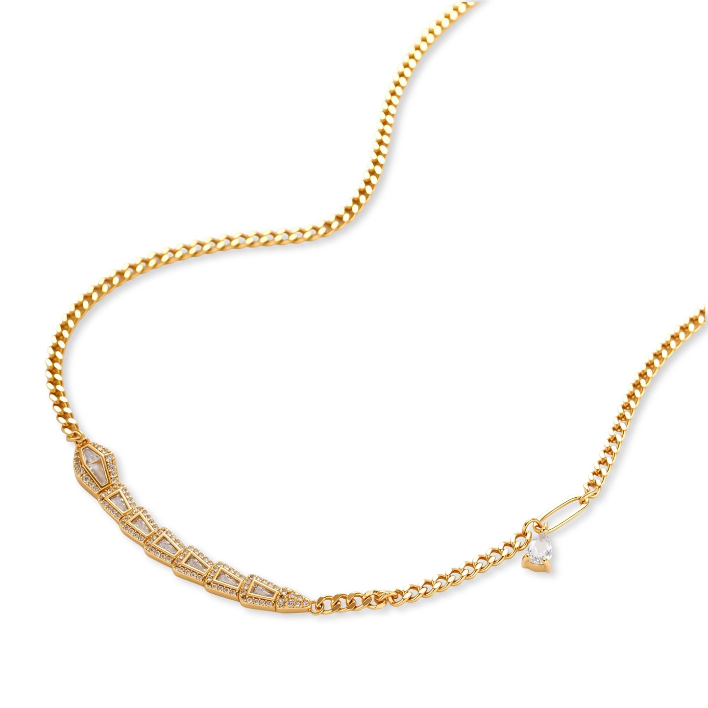 Gold-plated necklace with geometric diamond segments and matching huggie earrings featuring cubic zirconia details