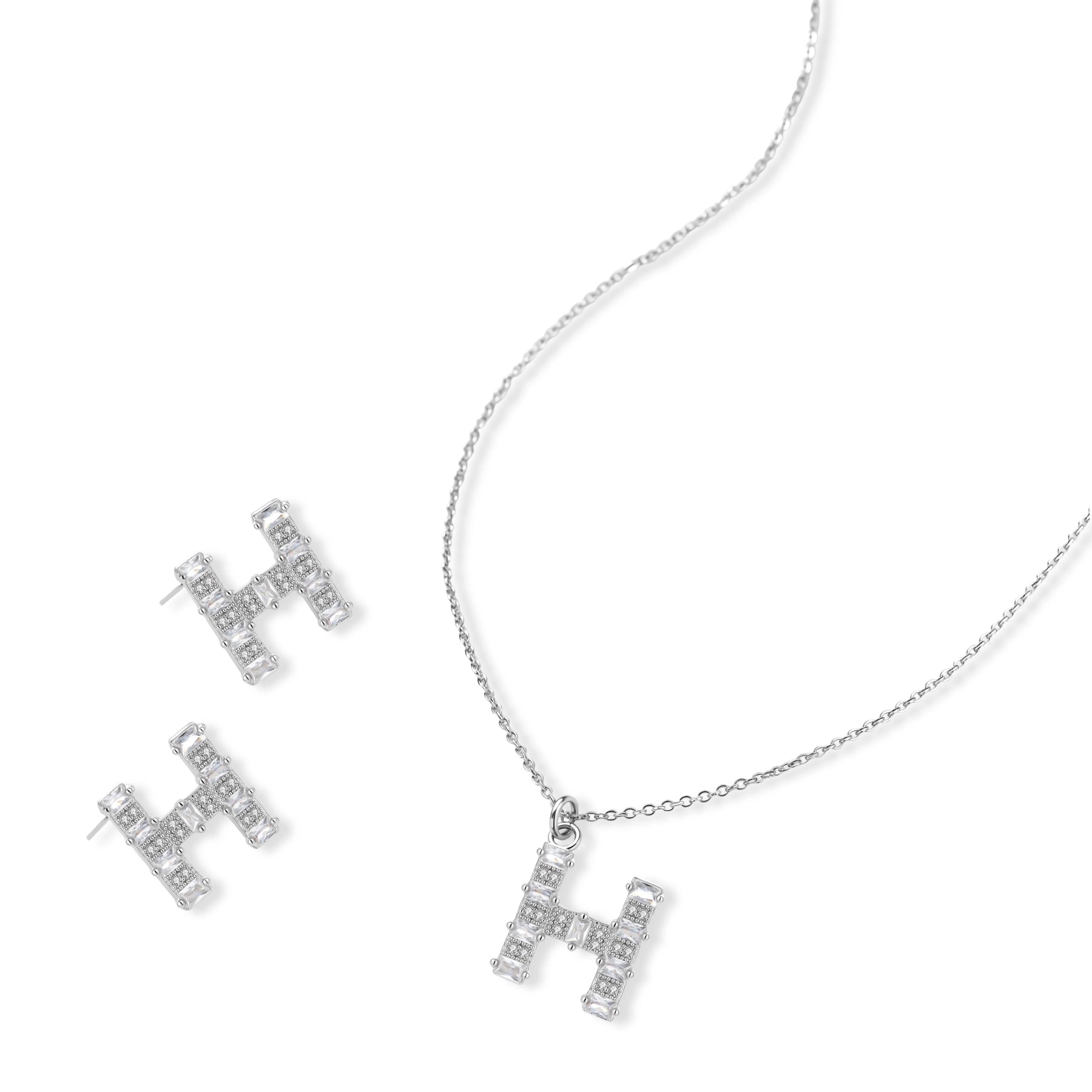 Letter H jewelry set featuring geometric crystal design in gold and white gold plated finish with adjustable chain necklace