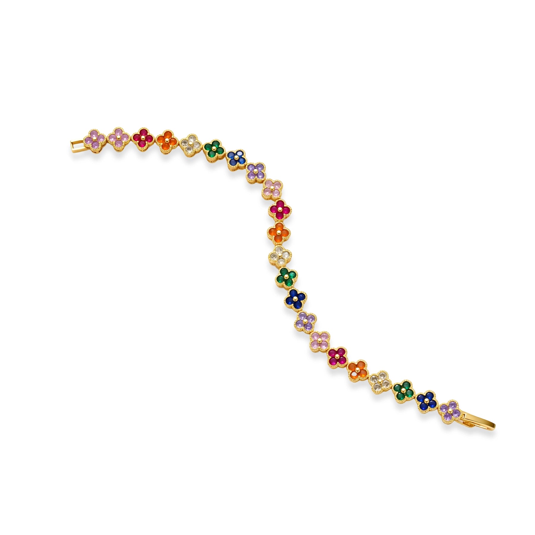 Colorful four-leaf clover jewelry set with rainbow cubic zirconia stones in gold-plated setting on white background