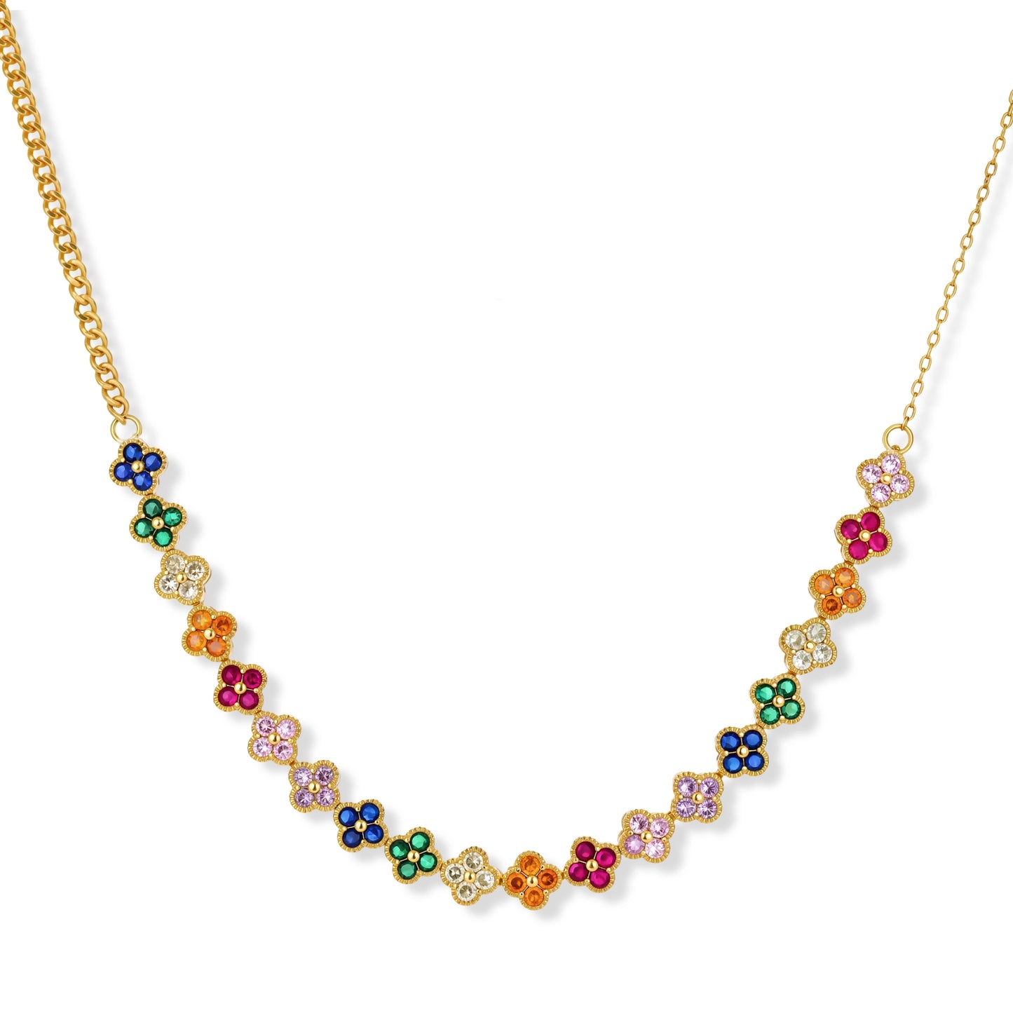Colorful four-leaf clover jewelry set with rainbow cubic zirconia stones in gold-plated setting on white background