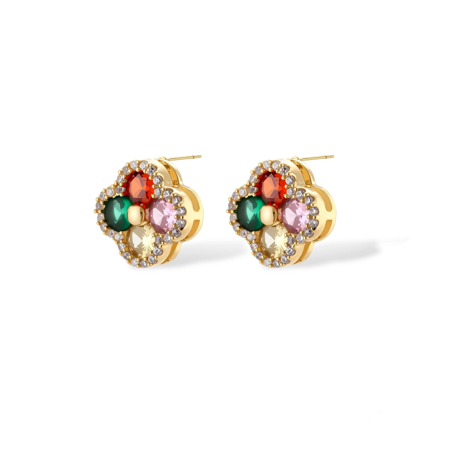 Gold-plated clover jewelry set with red, pink, green and champagne CZ stones surrounded by crystal borders