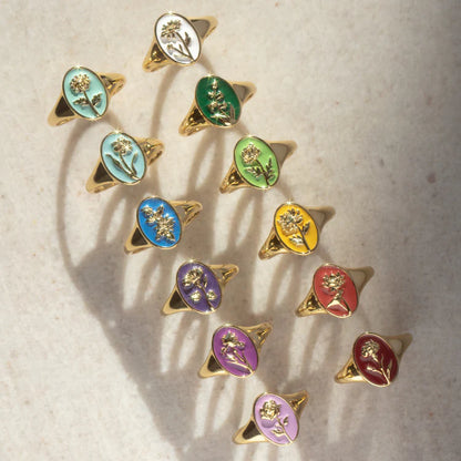 Bague Chevalière Fleur de Naissance en Émail - For You, With Love