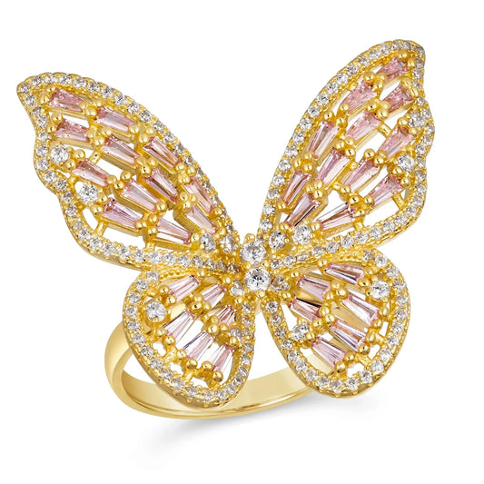 Bague Papillon en Or Jaune 18k & Cristaux Roses