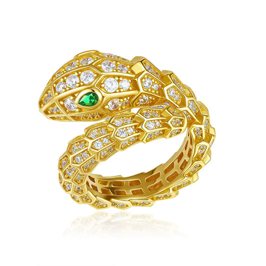 Bague Serpent Or Vermeil 18K avec Diamants Cristallins et Yeux Émeraude Bijou Luxe Statement