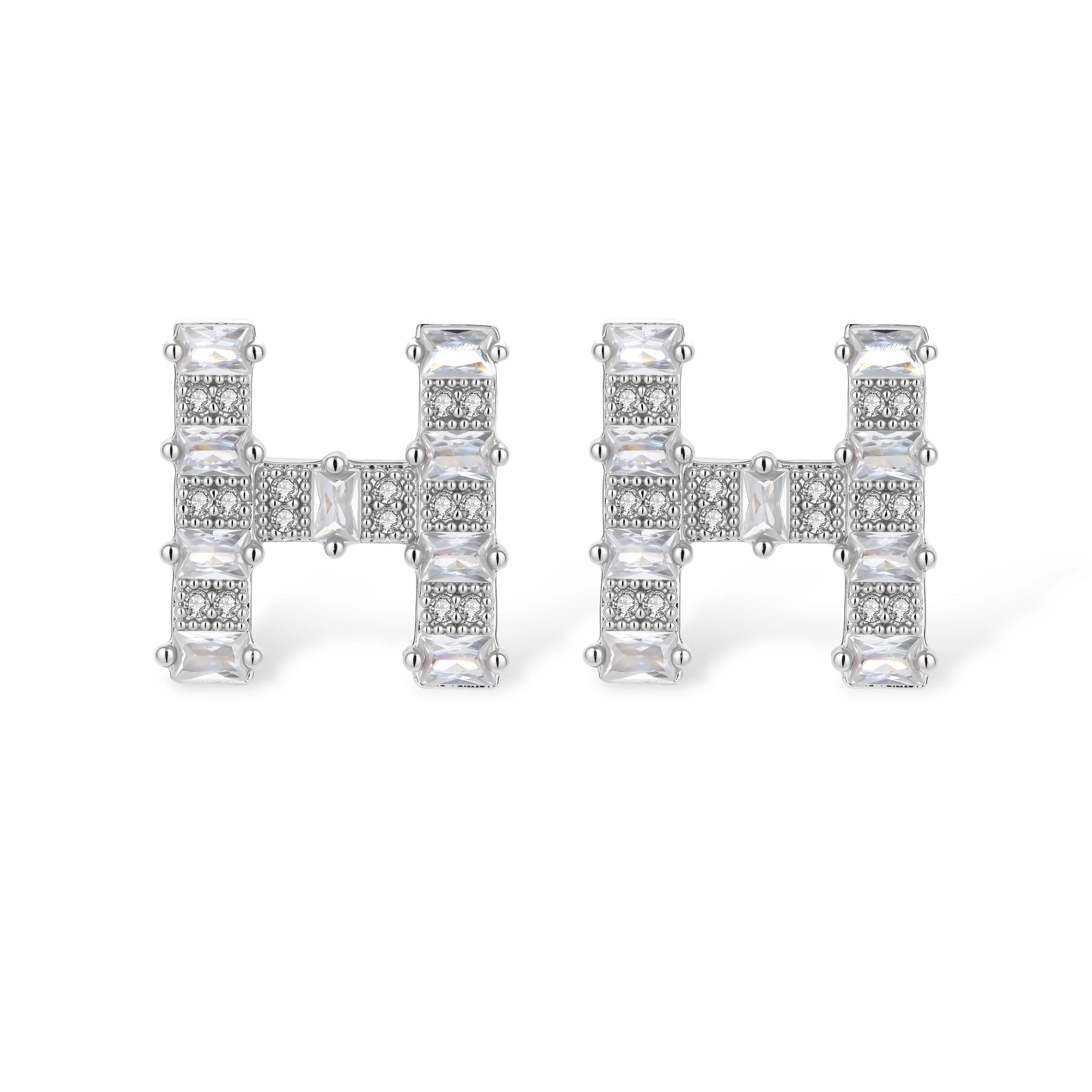 Letter H jewelry set featuring geometric crystal design in gold and white gold plated finish with adjustable chain necklace