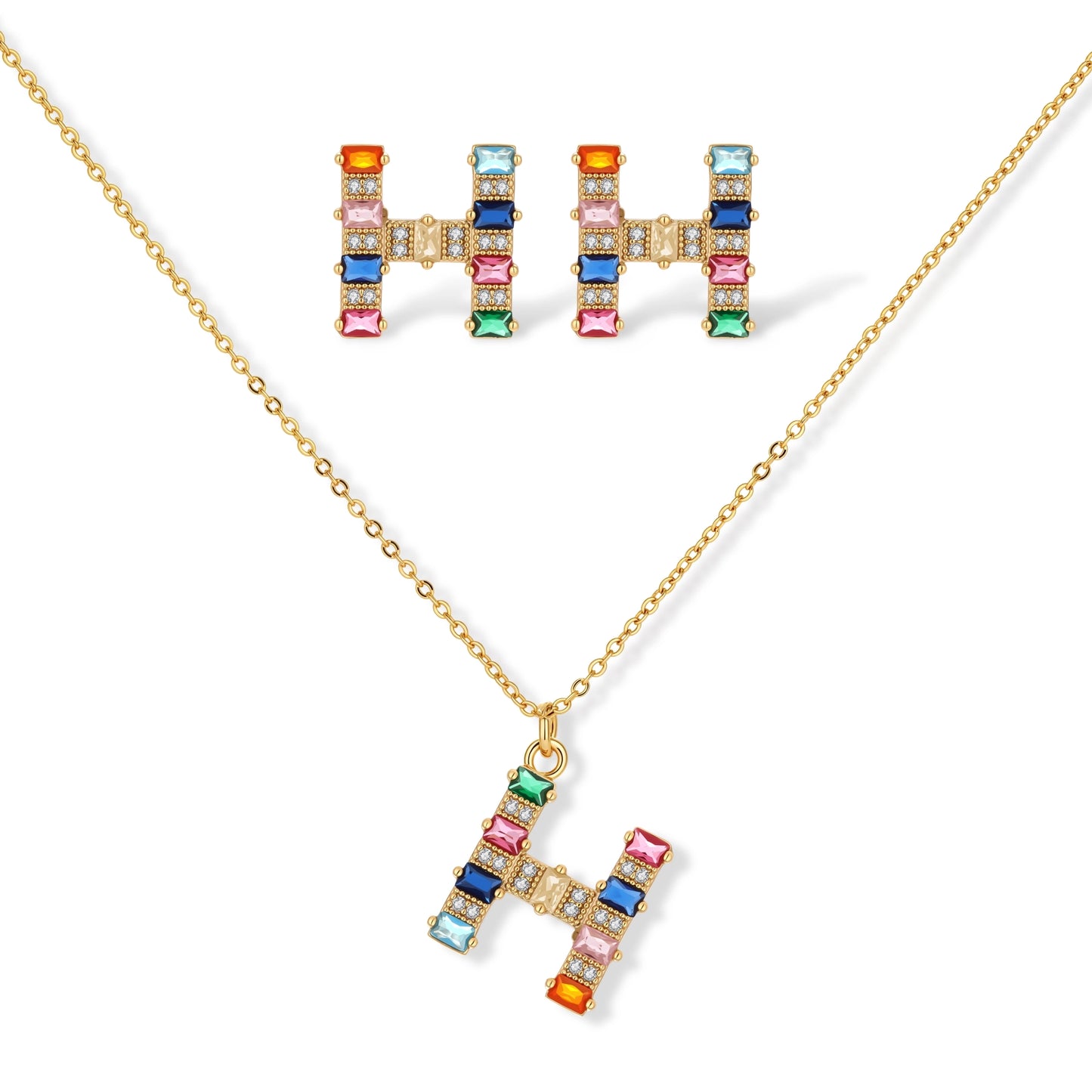 Letter H jewelry set featuring geometric crystal design in gold and white gold plated finish with adjustable chain necklace