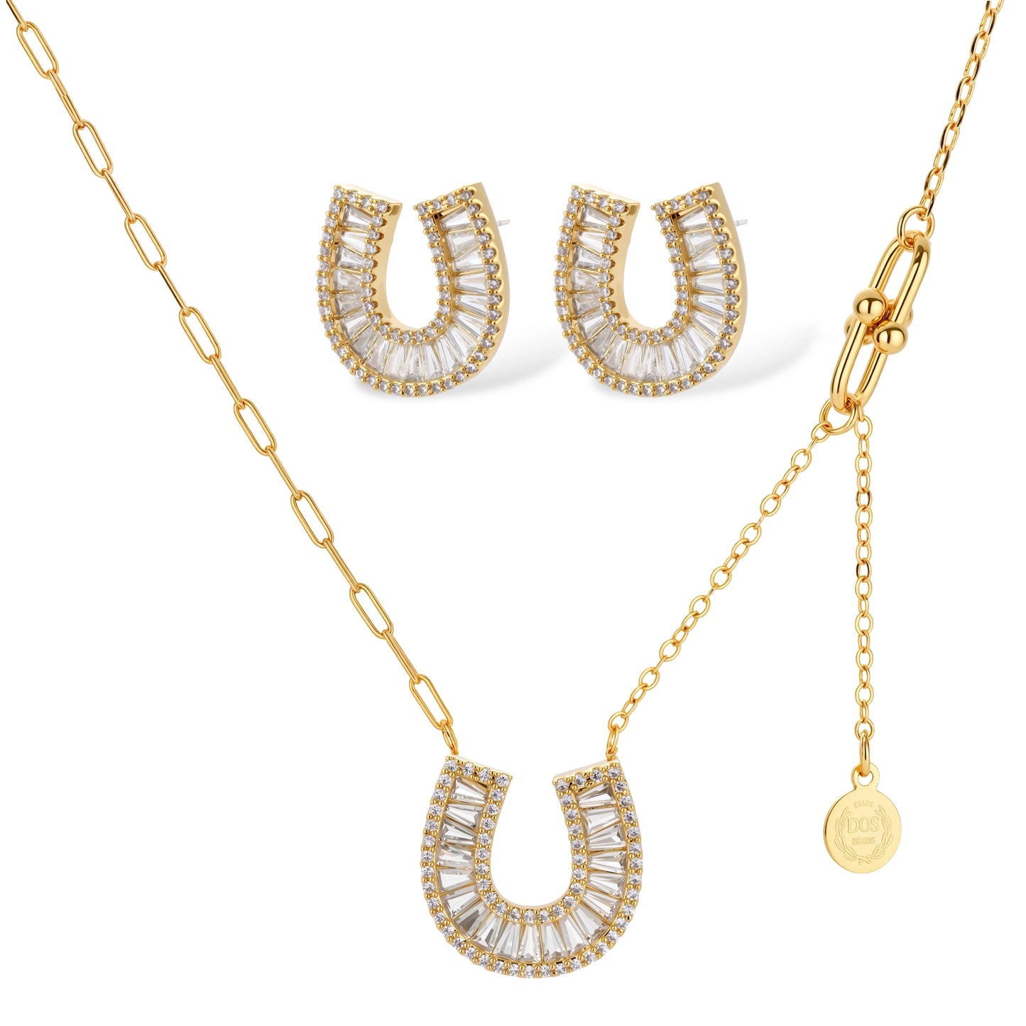 Sparkling horseshoe-shaped jewelry set with AAA cubic zirconia in gold-plated and white gold finishes on cream background.