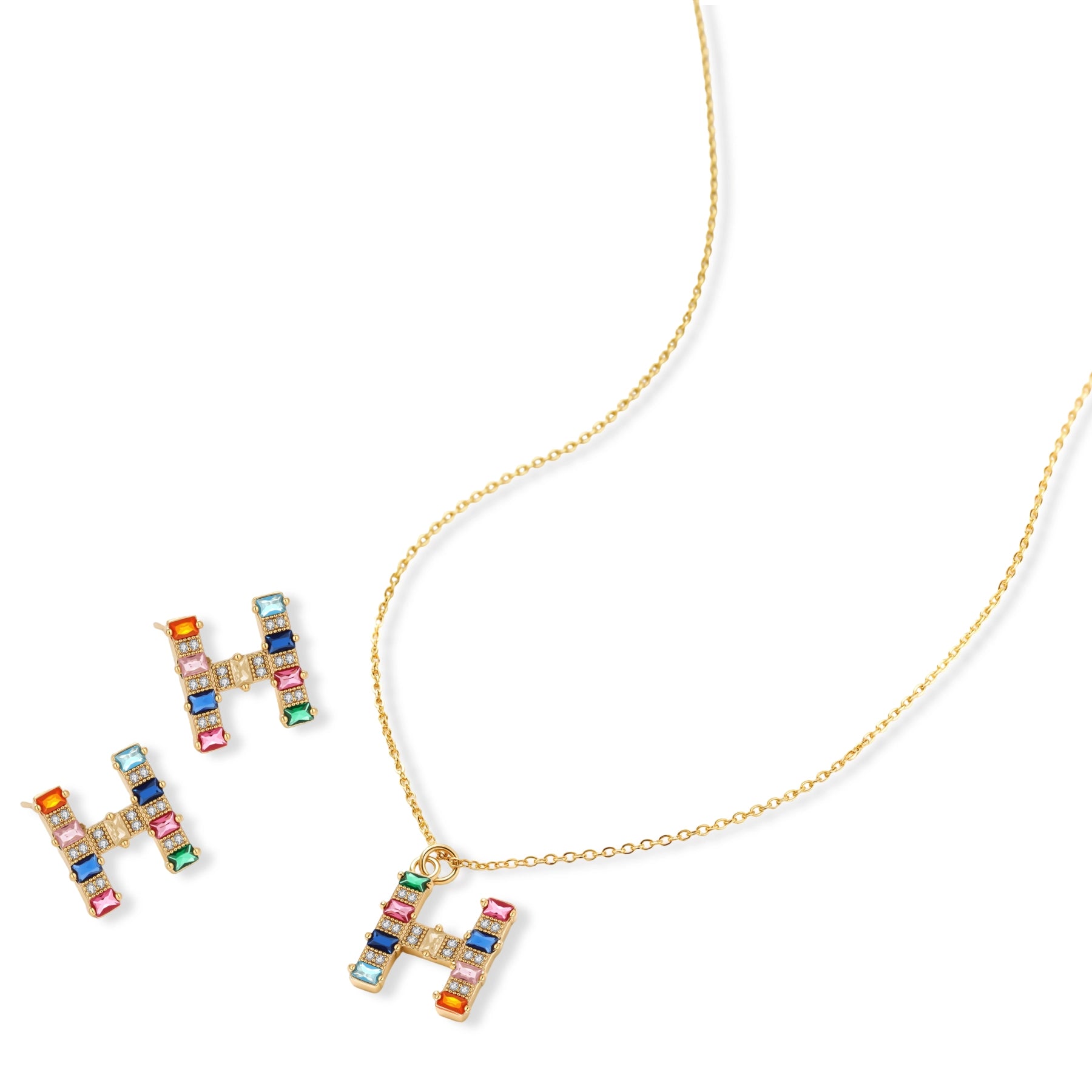 Letter H jewelry set featuring geometric crystal design in gold and white gold plated finish with adjustable chain necklace