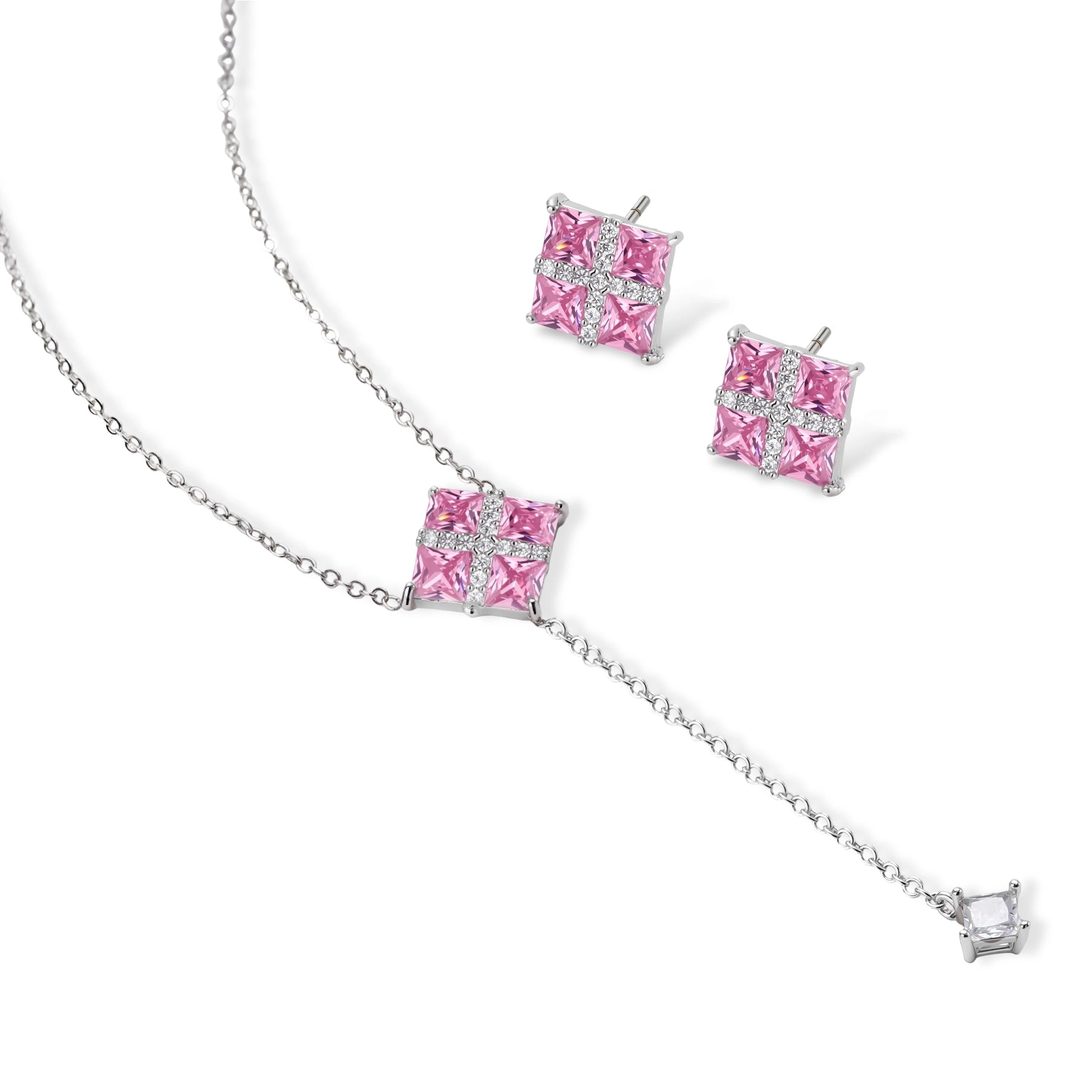 White gold plated jewelry set with pink cubic zirconia stones in geometric cross design, featuring Y-necklace and square stud earrings