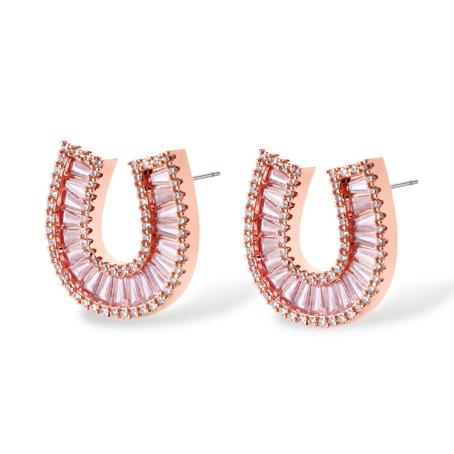 Sparkling horseshoe-shaped jewelry set with AAA cubic zirconia in gold-plated and white gold finishes on cream background.