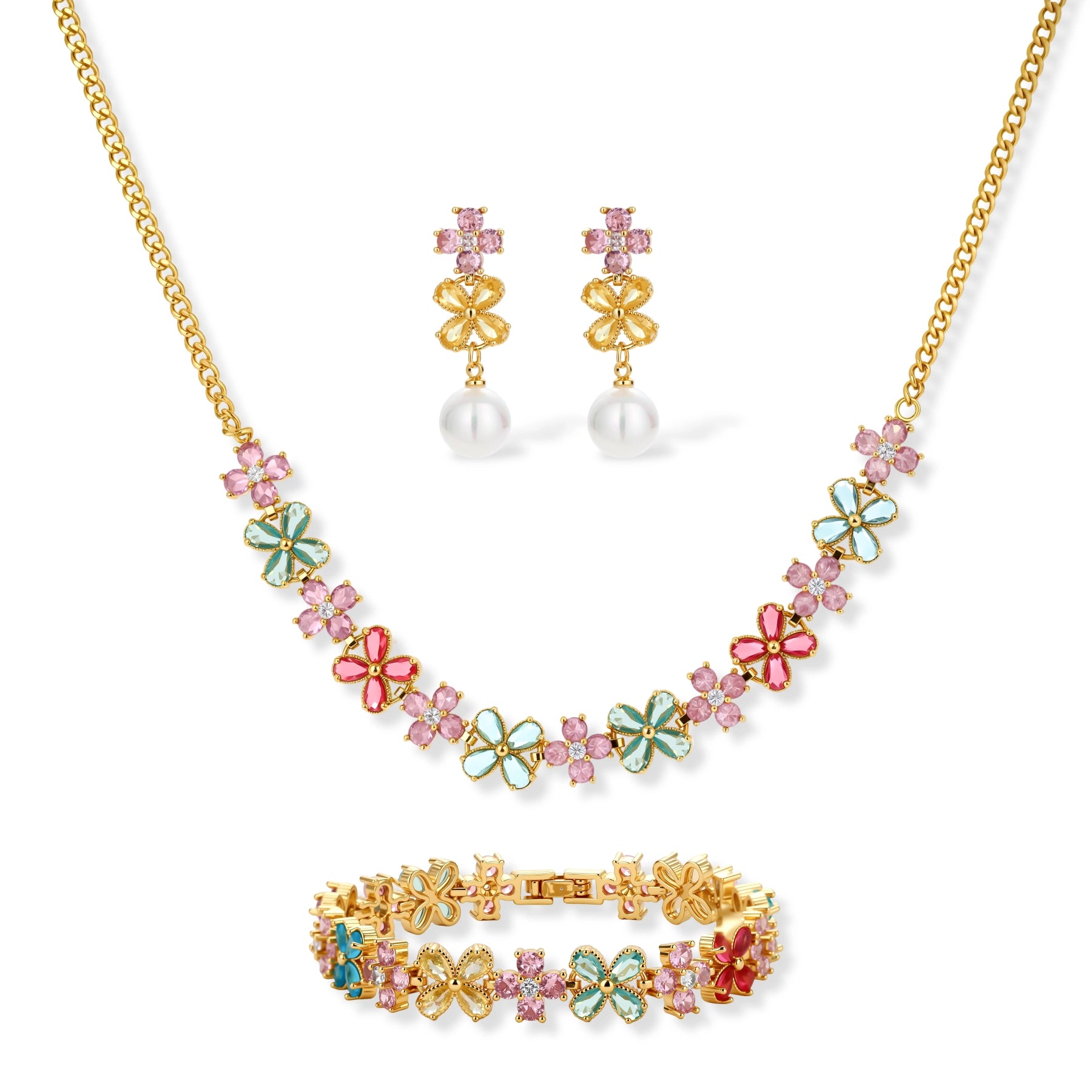 Gold-plated jewelry set with pink, turquoise and red flower-shaped cubic zirconia stones, featuring necklace, earrings and bracelet.