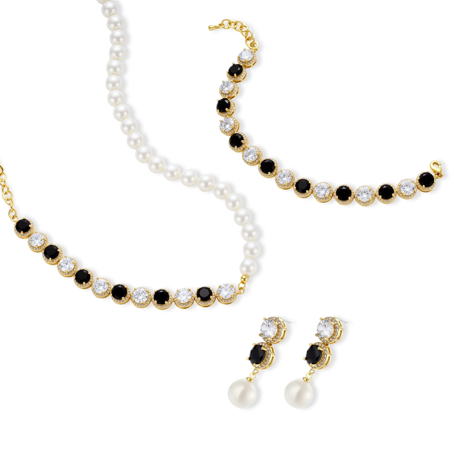Gold-plated jewelry set with alternating black and clear cubic zirconia stones, featuring necklace, earrings and bracelet